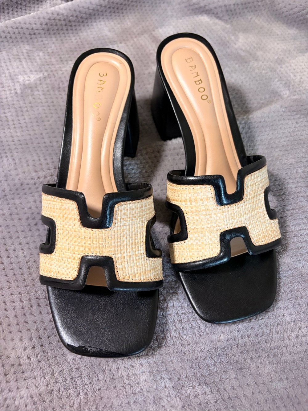 BAMBOO Black and Natural Raffia Block Heel Sandals - Brand New